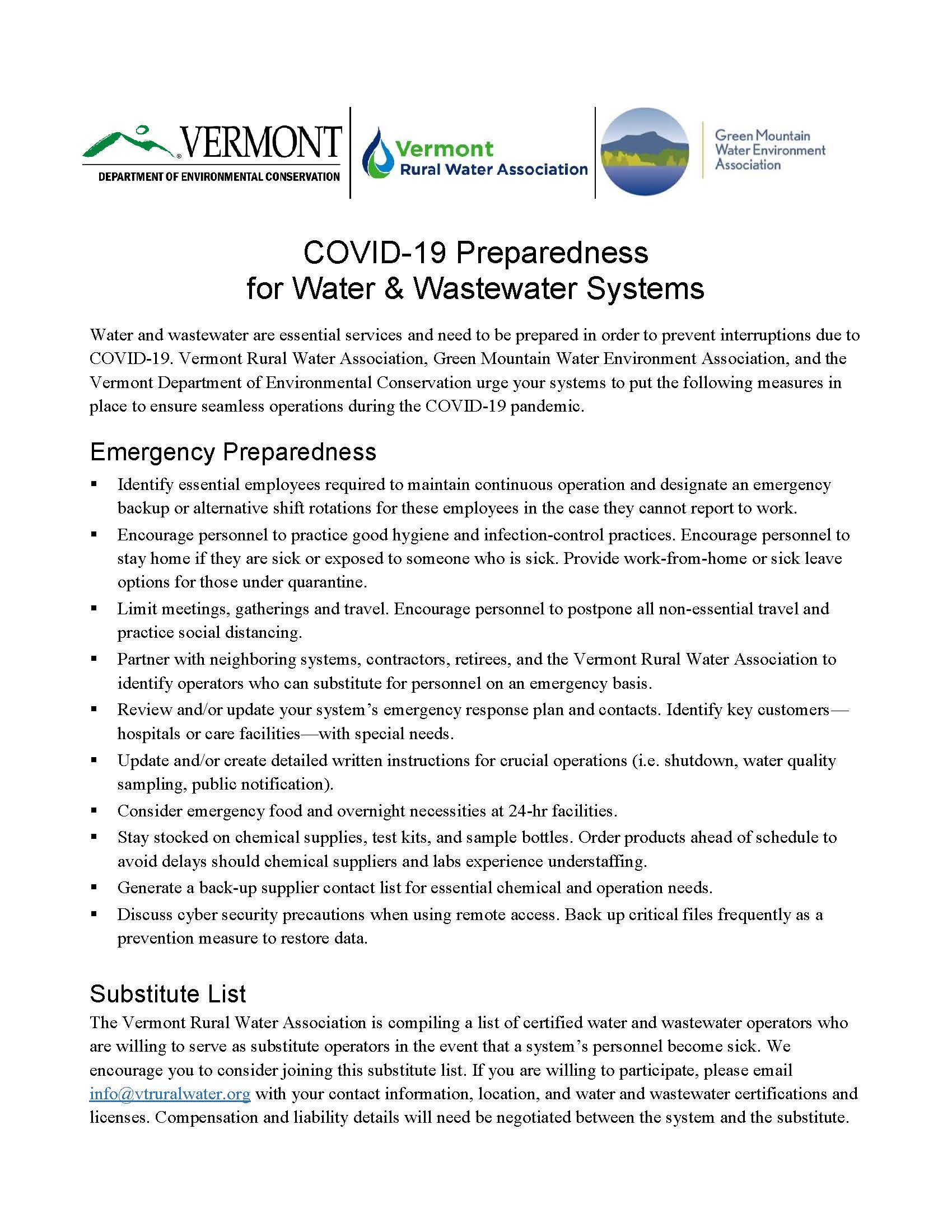 Covid 19 Information For Water And Wastewater Systems Vermont Rural
