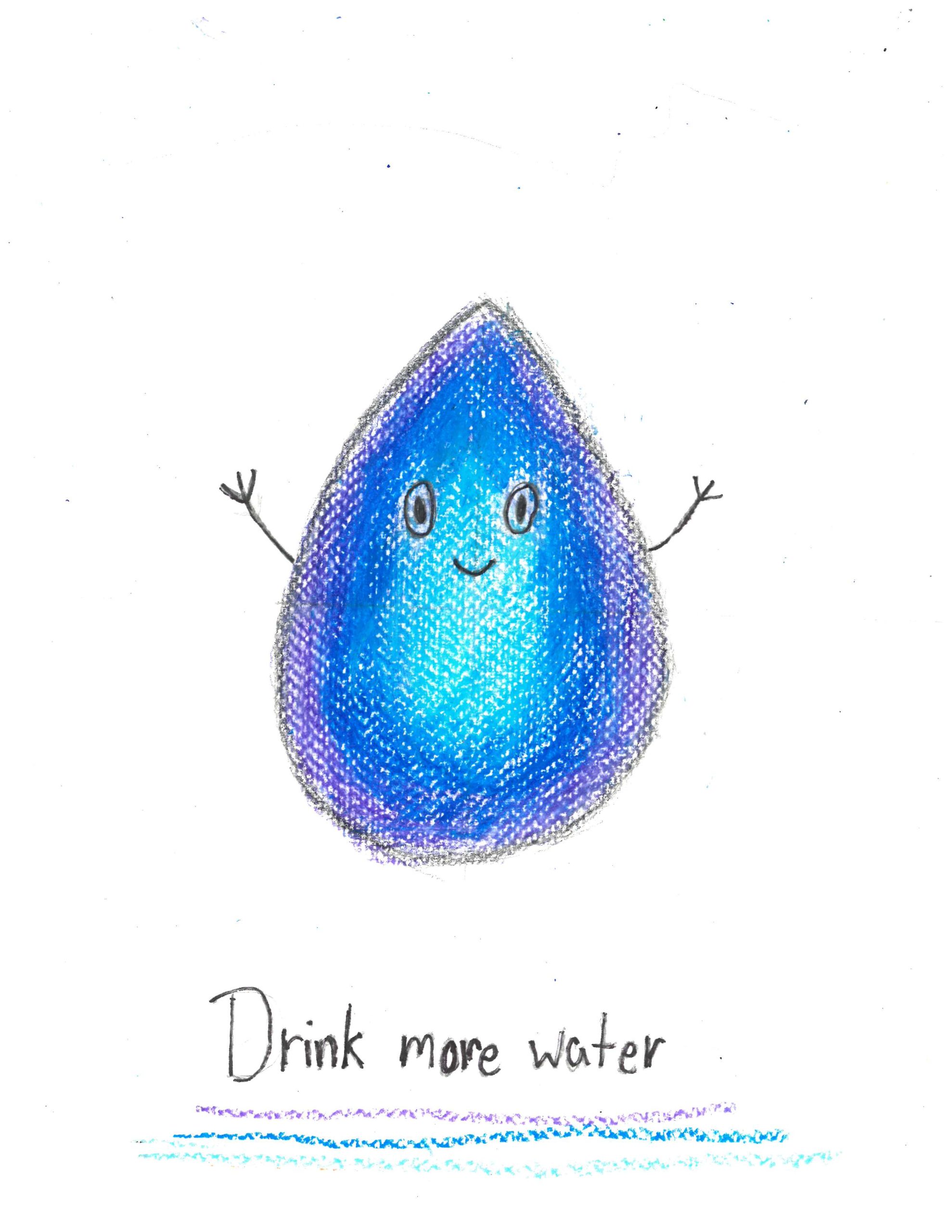 A drawing of a water drop with eyes and a smile. Underneath is written "Drink more water"