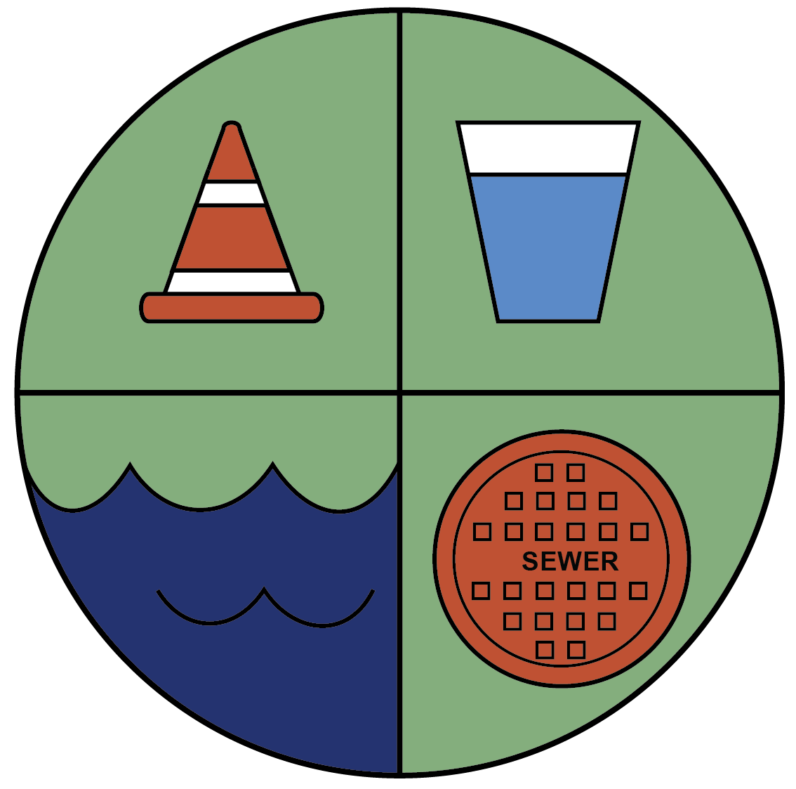 Green circle with graphics of a traffic cone, a glass of water, a manhole labeled "SEWER" and a body of water.